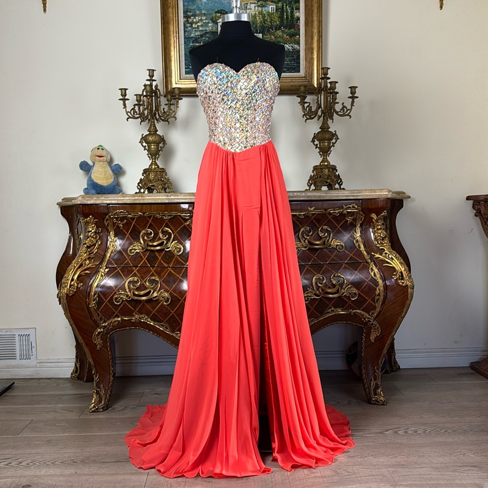 Formal rhinestone corset bodice high slit evening prom dress